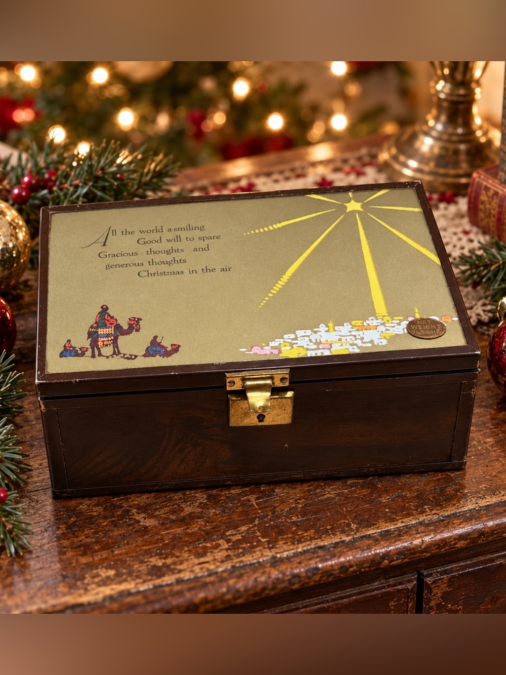 Vintage Christmas Wooden Keepsake Jewelry Box Wise Men Star Mirrored Lid